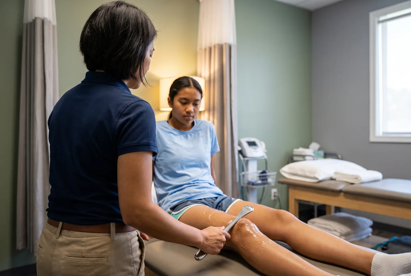 Physical therapist applying an instrument-assisted soft tissue tool to a patient's knee